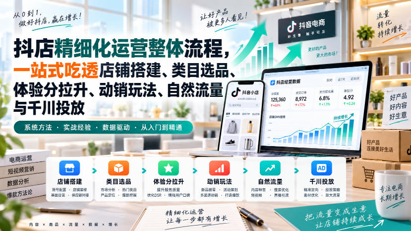 李哥电商-抖店精细化运营整体流程，一站式吃透店铺搭建、类目选品、体验分拉升、动销玩法、自然流量与千川投放-创薯资源