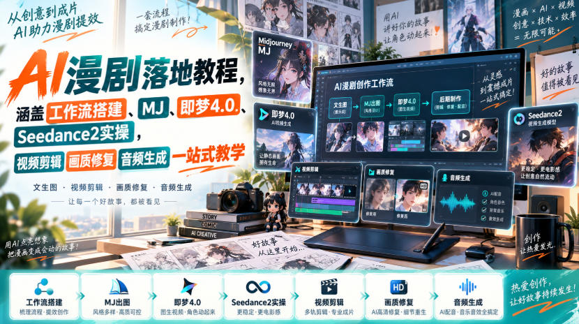 AI漫剧落地教程，涵盖工作流搭建、MJ、即梦4.0、Seedance2实操，视频剪辑画质修复音频生成一站式教学-创薯资源