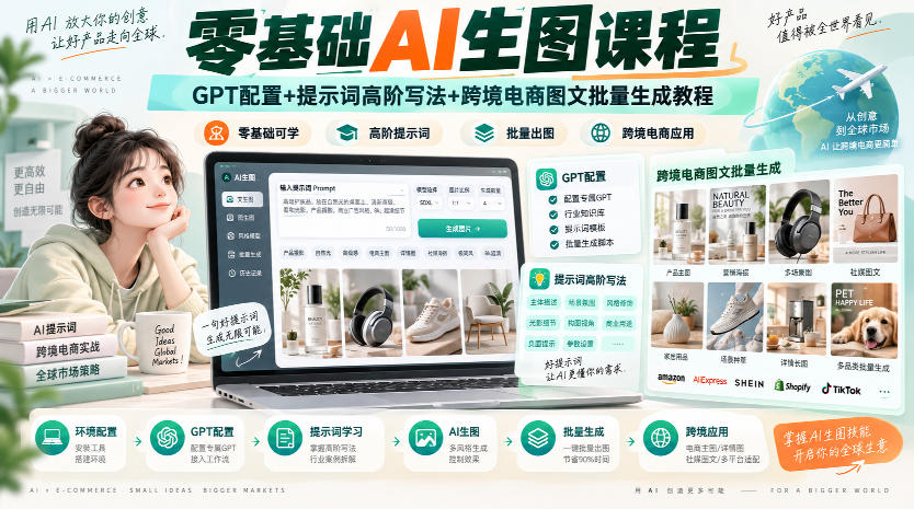 零基础AI生图课程，GPT配置+提示词高阶写法+跨境电商图文批量生成教程-创薯资源