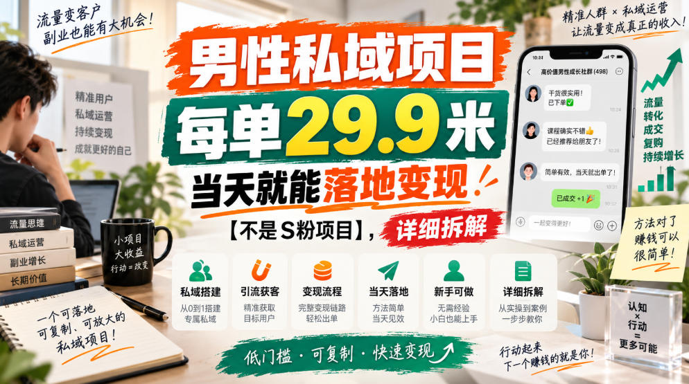 男性私域项目，每单29.9米，当天就能落地变现【不是S粉项目】，详细拆解-创薯资源