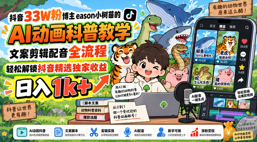 抖音33W粉博主eason小树苗的AI动画科普教学，文案剪辑配音全流程，轻松解锁抖音精选独家收益，日入1k+-创薯资源