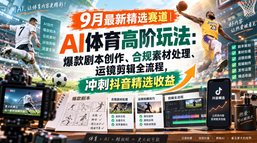 某大佬的9月最新精选赛道之AI体育顶级玩法，爆款剧本创作、版权规避、运镜剪辑全流程，稳拿抖音精选收益-创薯资源