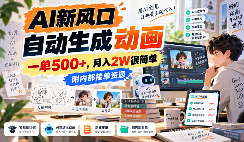 AI新风口，自动生成动画，一单500+，月入2W很简单，附内部接单资源【揭秘】-创薯资源