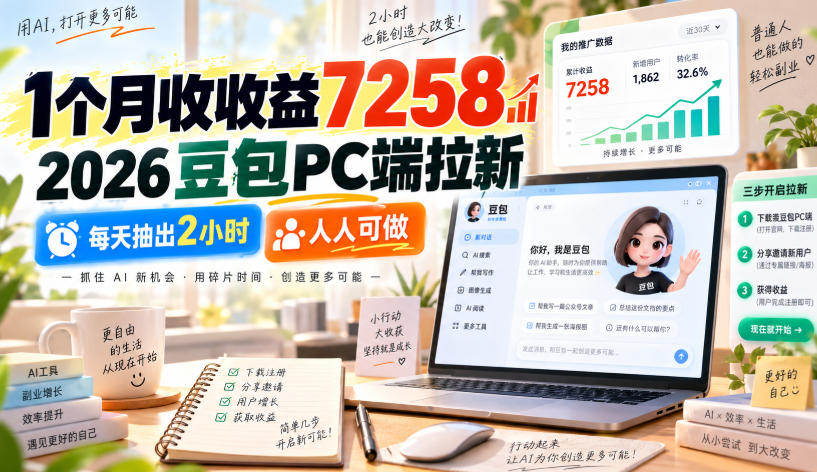 1个月收收益7258，2026豆包PC端拉新，每天抽出2小时，人人可做-创薯资源
