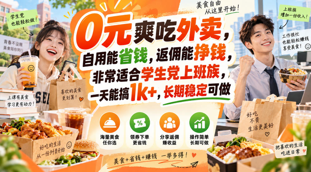 0元爽吃外卖，自用能省钱，返佣能挣钱，非常适合学生党上班族，一天能搞1k+，长期稳定可做-创薯资源