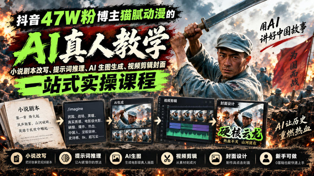 抖音47W粉博主猫腻动漫的AI真人漫剧教学，小说剧本改写、提示词推理、AI生图生成、视频剪辑封面一站式实操课程-创薯资源