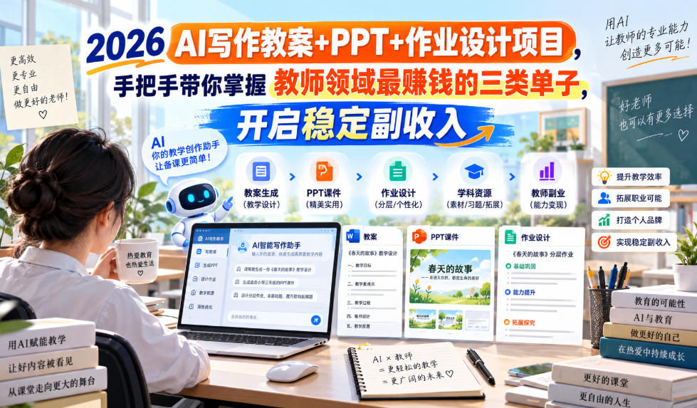 2026 AI写作教案+PPT+作业设计项目，手把手带你掌握教师领域最賺钱的三类单子，开启稳定副收入-创薯资源