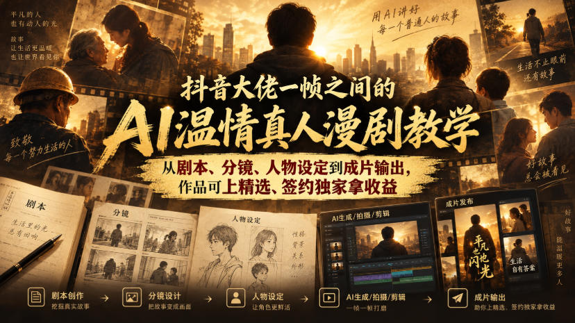 抖音大佬一帧之间的AI温情真人漫剧教学，从剧本、分镜、人物设定到成片输出，作品可上精选、签约独家拿收益-创薯资源