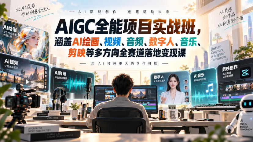 AIGC全能项目实战班，涵盖AI绘画、视频、音频、数字人、音乐、剪映等多方向全赛道落地变现课(更新)-创薯资源