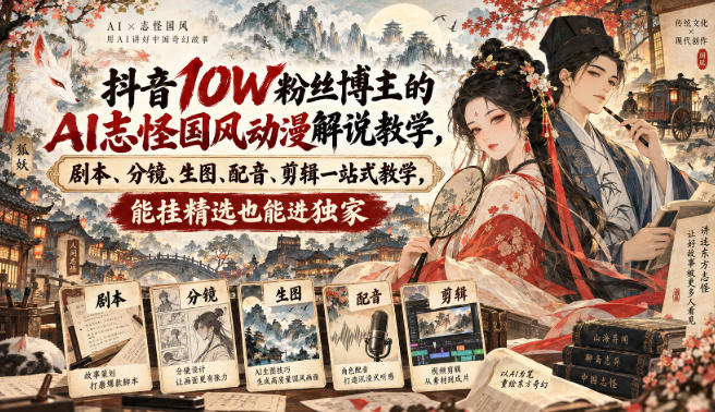 抖音10W粉丝博主满堂诡事的AI志怪国风动漫解说教学，剧本、分镜、生图、配音、剪辑一站式教学，能挂精选也能进独家​-创薯资源