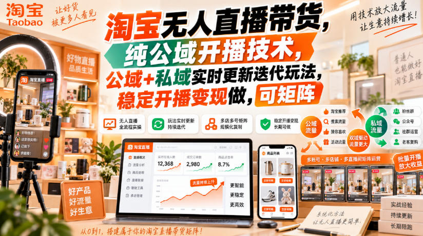 淘宝无人直播带货，纯公域开播技术，公域+私域实时更新迭代玩法，稳定开播变现做，可矩阵【揭秘】-创薯资源
