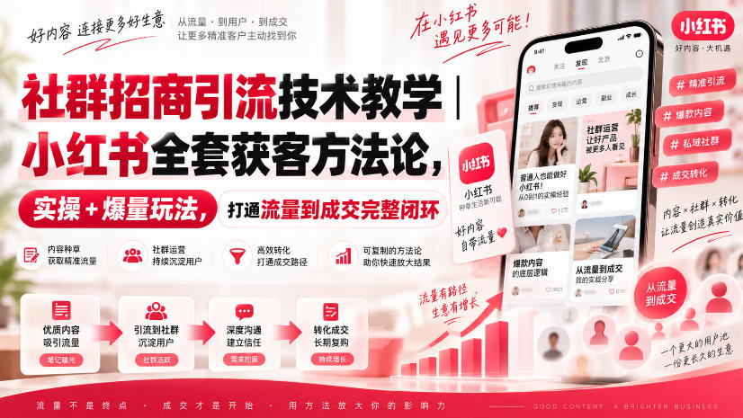 社群招商引流技术教学｜小红书全套获客方法论，实操+爆量玩法，打通流量到成交完整闭环-创薯资源