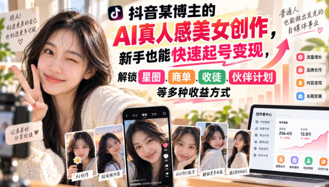 抖音某博主的AI真人感美女创作，新手也能快速起号变现，解锁星图，商单，收徒，伙伴计划等多种收益方式-创薯资源