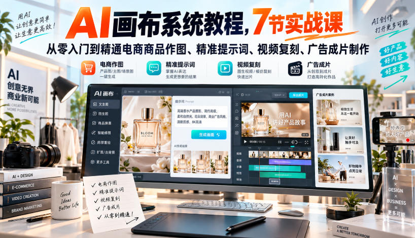 AI画布系统教程，7节实战课从零入门到精通电商商品作图、精准提示词、视频复刻、广告成片制作-创薯资源