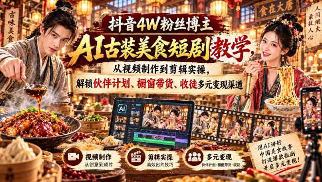 抖音4W粉丝博主AI古装美食短剧教学，从视频制作到剪辑实操，解锁伙伴计划、橱窗带货、收徒多元变现渠道-创薯资源