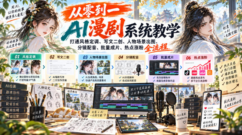 从零到一AI漫剧系统教学，打通风格定调、写文二创、人物场景出图、分镜配音、批量成片、热点涨粉全流程-创薯资源