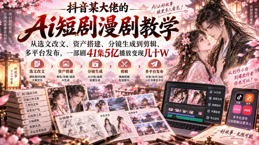 抖音某大佬的Ai短剧漫剧教学，从选文改文、资产搭建、分镜生成到剪辑、多平台发布，一部剧41集5亿播放变现几十W-创薯资源