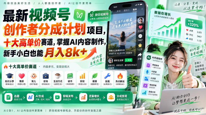最新视频号创作者分成计划项目，十大高单价赛道，掌握AI内容制作，新手小白也能月入8k+-创薯资源