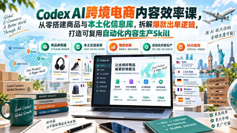 Codex AI跨境电商内容效率课，从零搭建商品与本土化信息库，拆解爆款出单逻辑，打造可复用自动化内容生产Skill-创薯资源