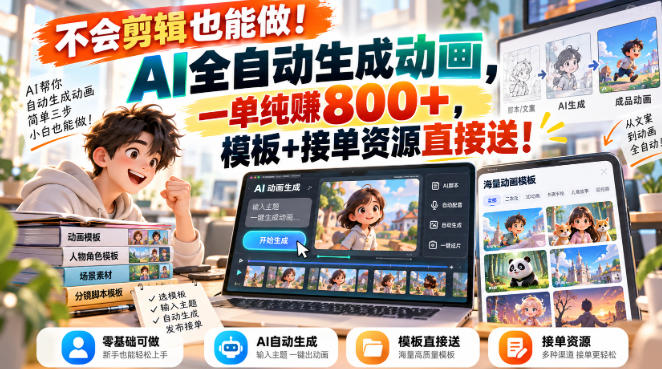 不会剪辑也能做！AI全自动生成动画，一单纯賺800+，模板+接单资源直接送！【揭秘】-创薯资源