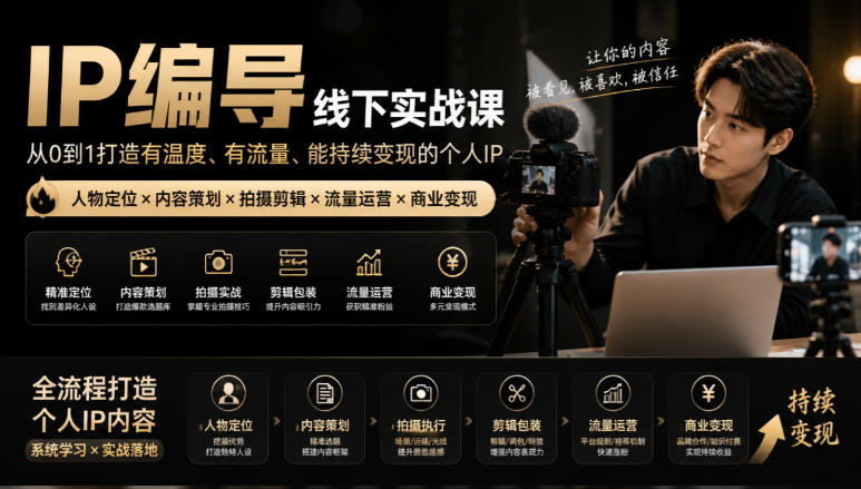 【无水印】IP编导线下实战课，从人物定位到短视频拍摄剪辑，全流程打造有温度、有流量、能持续变现的个人IP内容-创薯资源