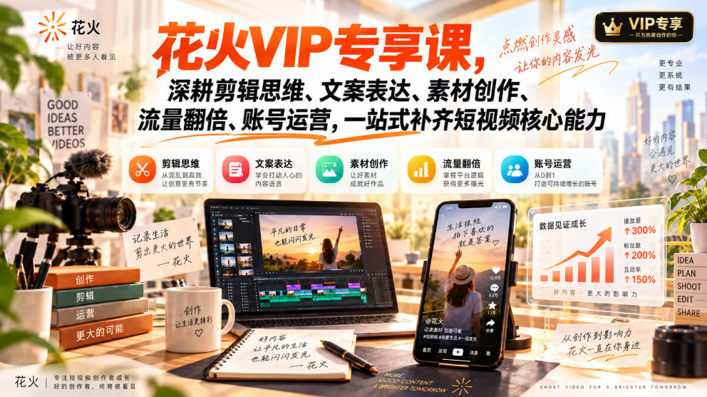 花火VIP专享课，深耕剪辑思维、文案表达、素材创作、流量翻倍、账号运营，一站式补齐短视频核心能力-创薯资源