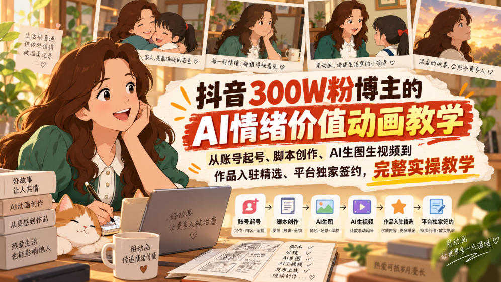 抖音300W粉博主的AI情绪价值动画教学，从账号起号、脚本创作、AI生图生视频到作品入驻精选、平台独家签约，完整实操-创薯资源
