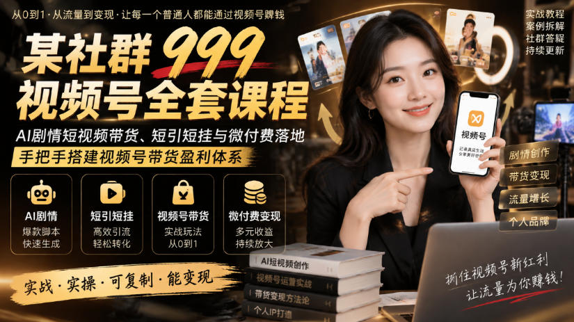 某社群999视频号全套课程，AI剧情短视频带货、短引短挂与微付费落地，手把手搭建视频号带货盈利体系-创薯资源