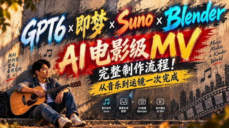 GPT6×即梦×Suno×Blender｜AI电影级MV完整制作流程！从音乐到运镜一次完成！-创薯资源