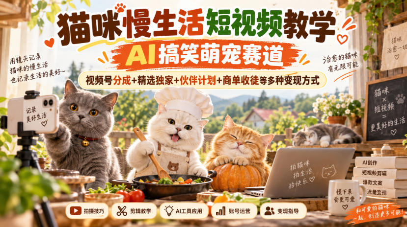 猫咪慢生活短视频教学，AI搞笑萌宠赛道，视频号分成+精选独家+伙伴计划+商单收徒等多种变现方式-创薯资源