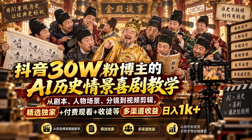 抖音30W粉博主的AI历史情景喜剧教学，从剧本、人物场景、分镜到视频剪辑，精选独家+付费观看+收徒等多渠道收益日入1k+-创薯资源