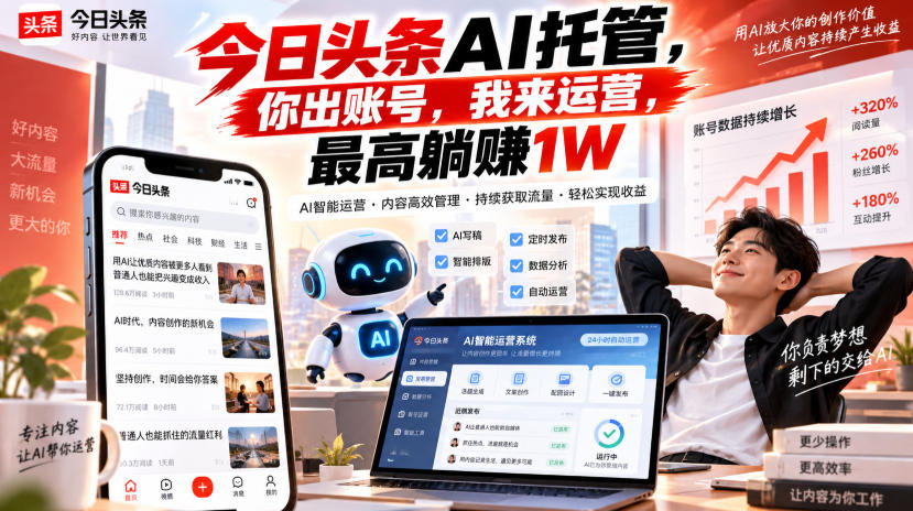 今日头条AI托管，你出账号，我来运营，最高躺賺1W【揭秘】-创薯资源