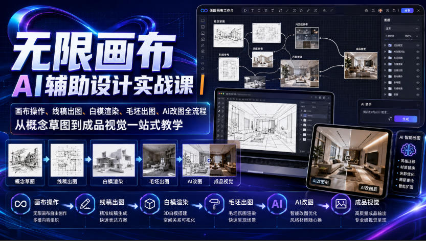 无限画布AI辅助设计实战课｜画布操作、线稿出图、白模渲染、毛坯出图、AI改图全流程，从概念草图到成品视觉一站式教学(更新0923)-创薯资源
