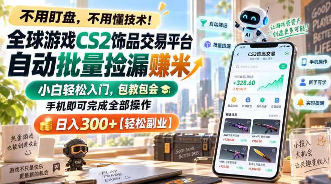 全球游戏CS2饰品交易平台自动批量捡漏賺米，小白轻松入门，包教包会，手机即可完成全部操作，日入300+【揭秘】-创薯资源