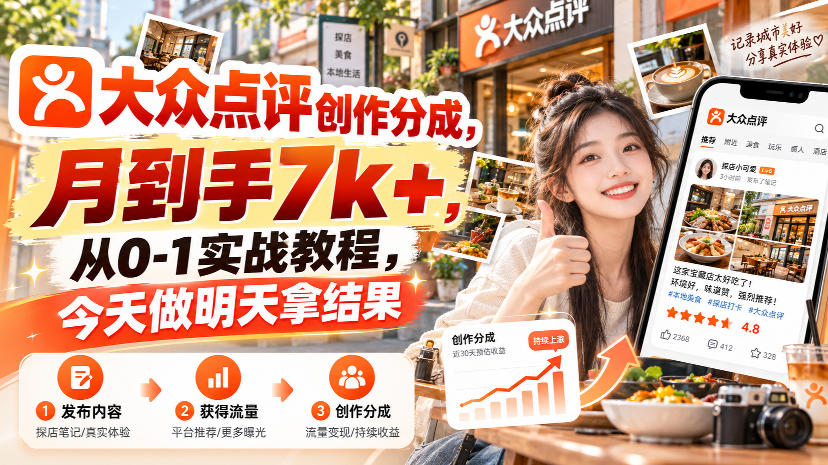 大众点评创作分成，月到手7k+，从0-1实战教程，今天做明天拿结果-创薯资源