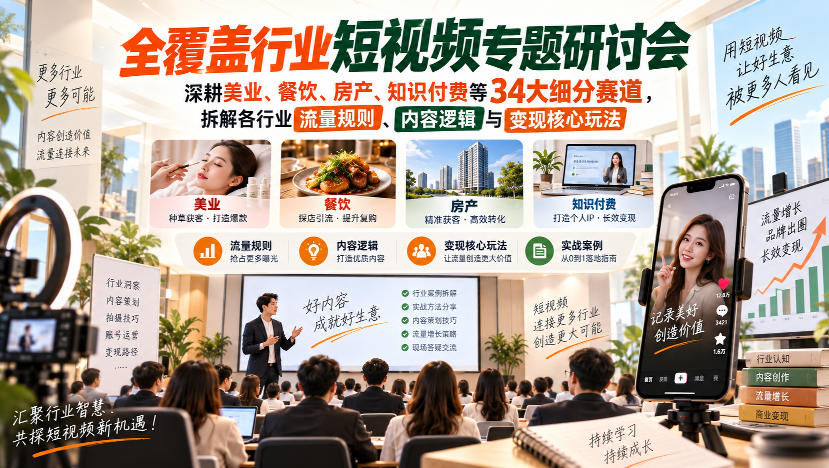 短视频专题研讨会，深耕美业、餐饮、房产、知识付费等34大细分赛道，拆解各行业流量规则、内容逻辑与变现核心玩法-创薯资源