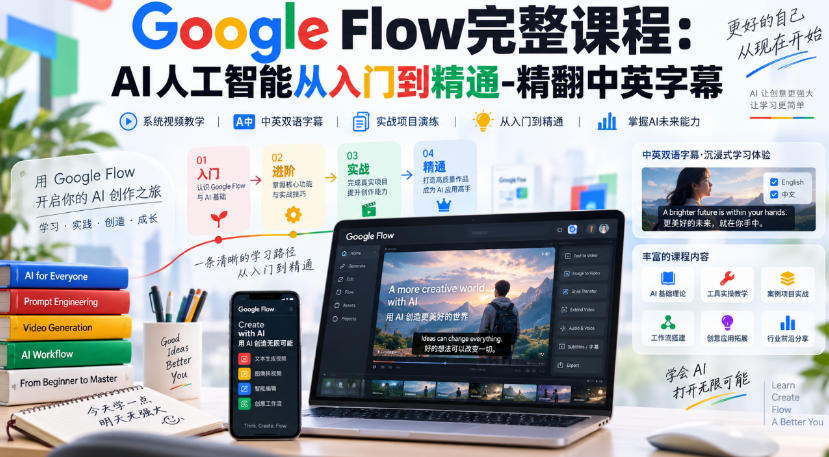 【无水印】Google Flow完整课程：AI人工智能从入门到精通-精翻中英字幕-创薯资源