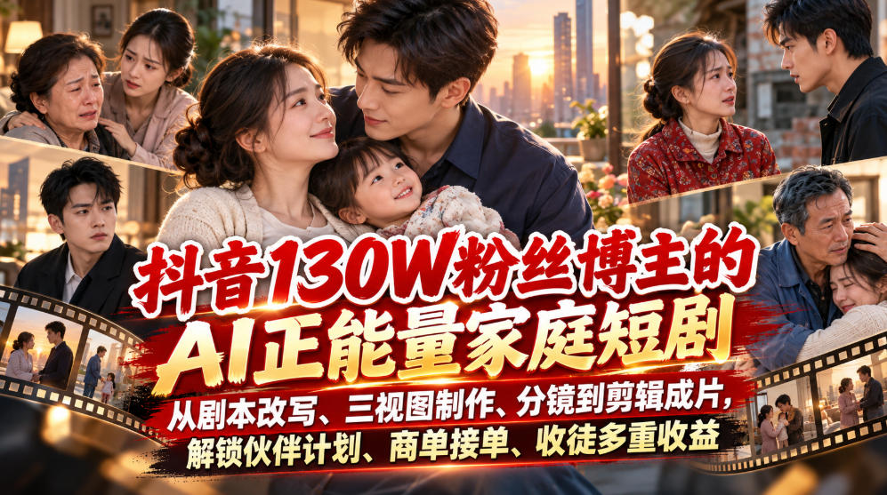 抖音130W粉丝博主的AI正能量家庭短剧，从剧本改写、三视图制作、分镜到剪辑成片，解锁伙伴计划、商单接单、收徒多重收益-创薯资源