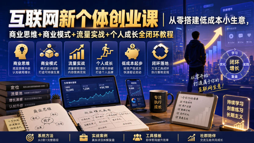 互联网新个体创业课｜从零搭建低成本小生意，商业思维+商业模式+流量实战+个人成长全闭环教程(更新0922)-创薯资源