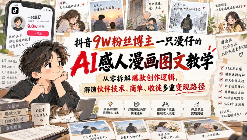 抖音9W粉丝博主一只漫仔的AI感人漫画图文教学，从零拆解爆款创作逻辑，解锁伙伴技术、商单、收徒多重变现路径-创薯资源