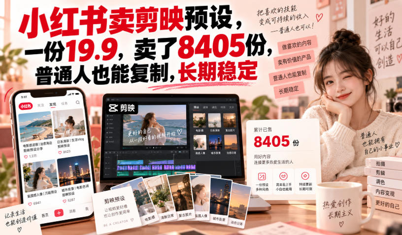 小红书卖剪映预设，一份19.9，卖了8405份，普通人也能复制，长期稳定-创薯资源