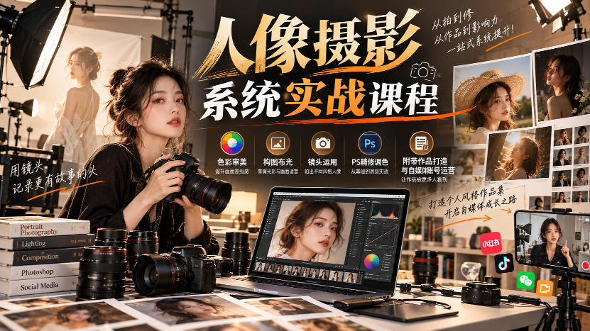 【无水印】人像摄影系统实战课程，色彩审美、构图布光、镜头运用、PS精修调色，附带作品打造与自媒体账号运营-创薯资源