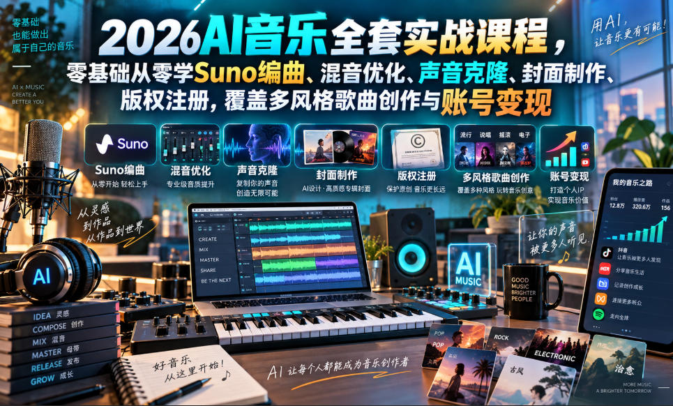 2026AI音乐实战课程，零基础从零学Suno编曲、混音优化、声音克隆、版权注册，覆盖多风格歌曲创作与账号变现(更新0924)-创薯资源