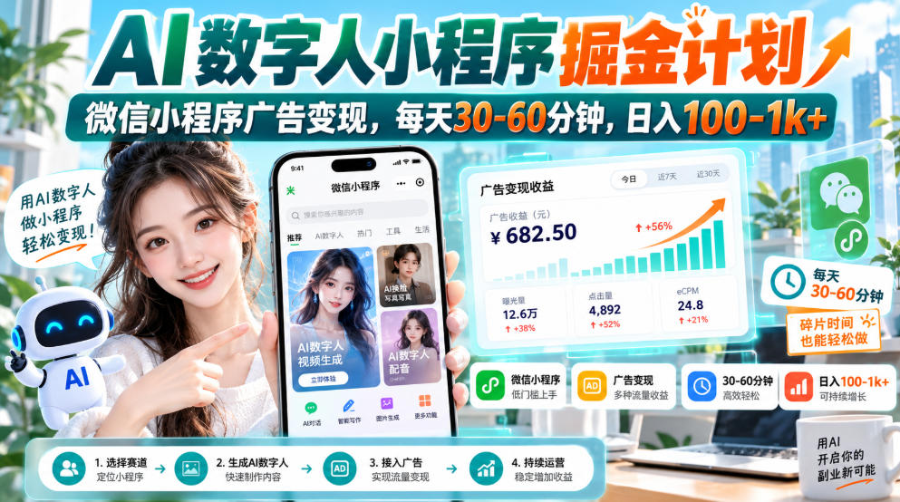 【无水印】AI数字人小程序掘金计划,微信小程序广告变现,每天30‑60分钟,日入100‑1k+-创薯资源