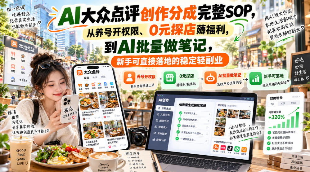 【无水印】AI大众点评创作分成完整SOP，从养号开权限、0元探店薅福利，到AI批量做笔记，新手可直接落地的稳定轻副业-创薯资源
