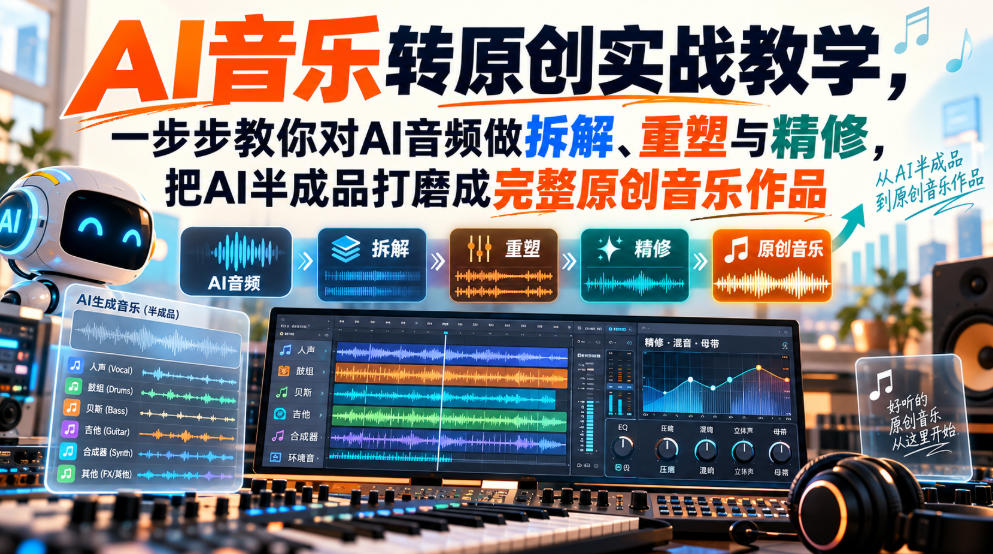 AI音乐转原创实战教学，一步步教你对AI音频做拆解、重塑与精修，把AI半成品打磨成完整原创音乐作品-创薯资源