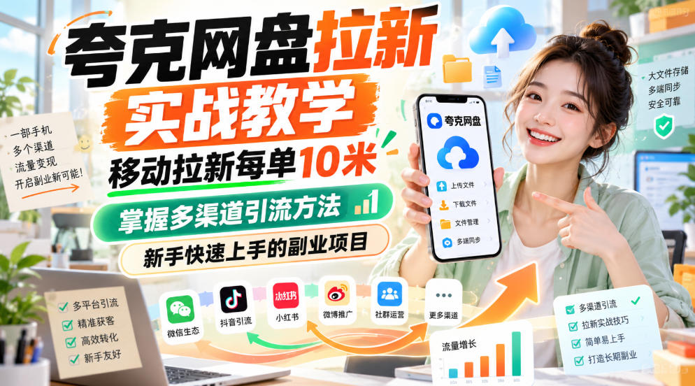 夸克网盘拉新实战教学，移动拉新每单10米，掌握多渠道引流方法，新手快速上手的副业项目-创薯资源
