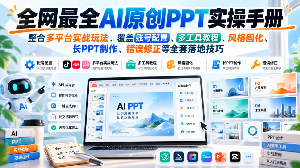 全网最全AI原创PPT实操手册，整合多平台实战玩法，覆盖账号配置、多工具教程、风格固化、长PPT制作、错误修正等全套落地技巧-创薯资源