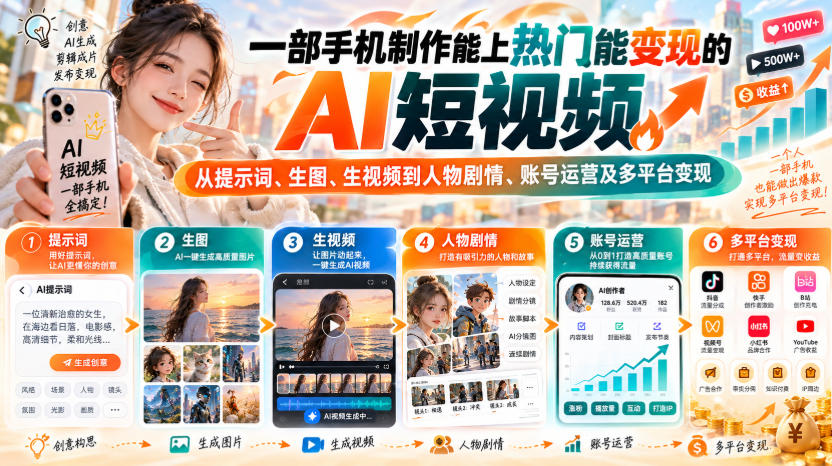 【无水印】一部手机制作能上热门能变现的AI短视频，从提示词、生图、生视频到人物剧情、账号运营及多平台变现-创薯资源