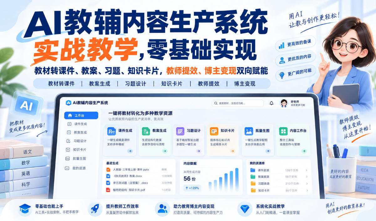 【无水印】AI教辅内容生产系统实战教学，零基础实现教材转课件、教案、习题、知识卡片，教师提效、博主变现双向赋能(更新0926)-创薯资源